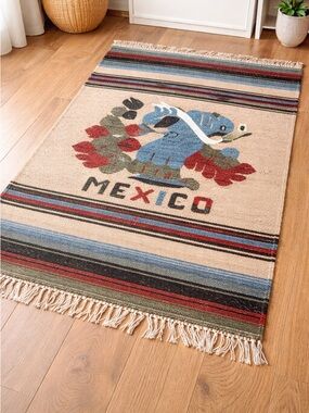 Vintage Mexican Kilim Style Rug 3x5 Flatweave Bird Motif
